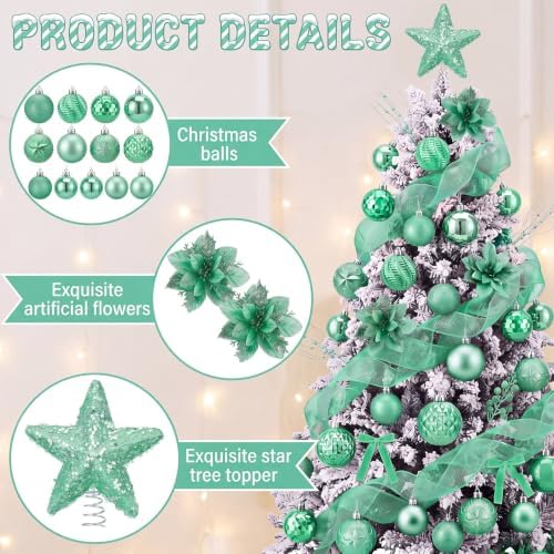 89 Pcs Christmas Tree Decorations Star Topper Ornaments Artificial Poinsettia Flowers Green Ball Velvet Bow Berry Picks Christmas Tree Hanging Ornaments for Xmas Home Office Decorations