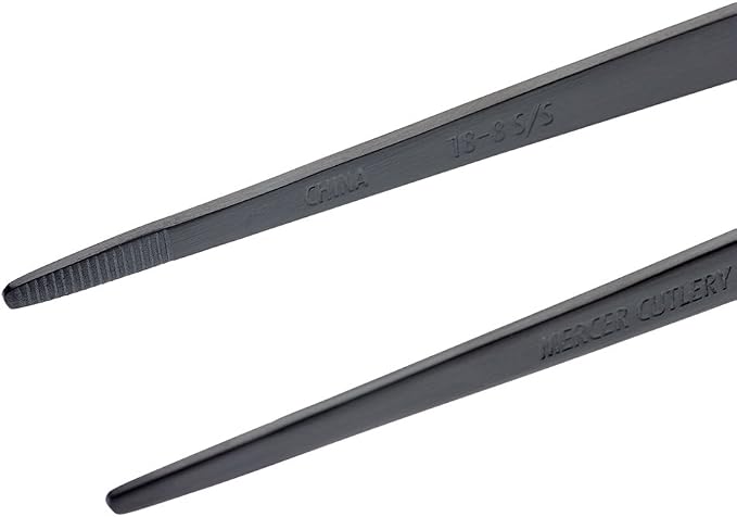 Mercer Culinary 18-8 Stainless Steel Precision Plus Chef Plating Tong, Straight, 9-3/8, Matte Black