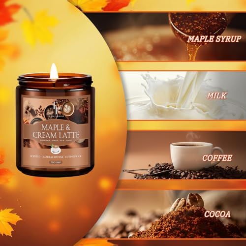 Fall Candle, Maple & Cream Latte Scented Candles for Home, Natural Soy Autumn Candle Aromatherapy Candle, 7 oz Jar Candles Fall Gifts for Women Men