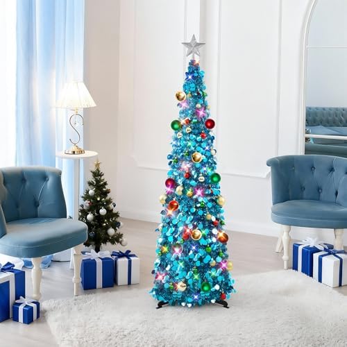 N&T NIETING Pop Up Christmas Tree with Lights & Ornaments, Blue, 3FT