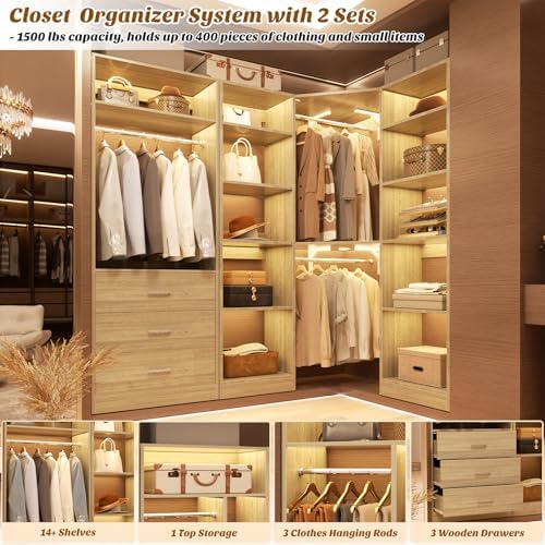 Besiost Corner Closet System with 3 Drawers, Corner Closet Organizer System