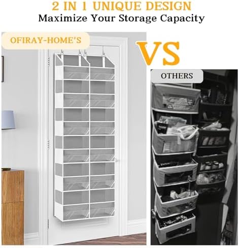Over The Door Organizer 6 Tiers, Extra Large Behind Door Storage of 12 Compartments, 80 lbs Weight Capacity Hanging Storage Organizer with Clear Window Kids Toys,Shoes,Diapers,Room Storage,Light Grey