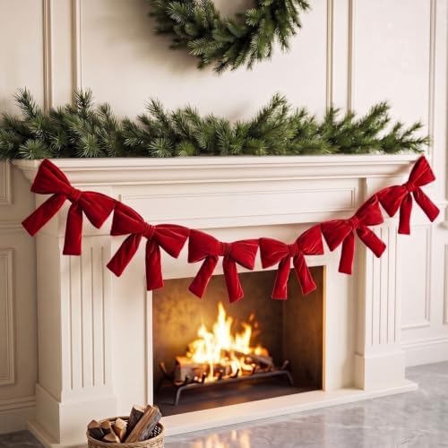 Christmas Decorations - 6 Ft Red Velvet Bow Garland