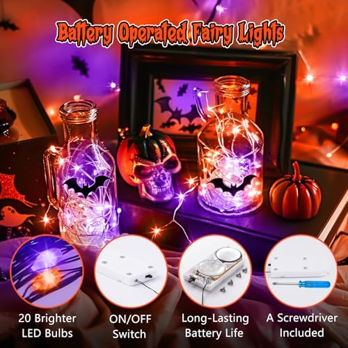 Brightown 12 Pack Purple Orange Fairy Lights Battery Operated String Lights - 7ft 20 LED Waterproof Short Micro Firefly Light for Halloween Decor, Pumpkin DIY Craft, Paper Lantern Decoration