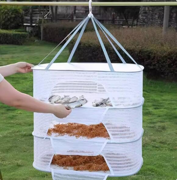 Foldable Drying Net for Vegetables, Fish, and Dehydrated Goods, Multi-tiered Food Drying Net, Versatile Drying Rack, Windproof Design, Zipper Closure for Insect Protection (White, Triple Layer)