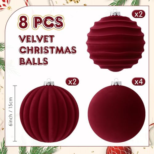 Syhood 8 Pcs 6 Inch Velvet Christmas Balls Large Ornaments, Burgundy