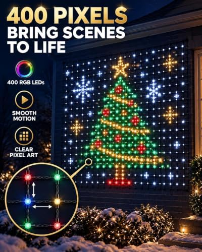 Christmas LED House Net and Smart Outdoor Wall Curtain Light 400 LEDs 6.6 x 6.6 FT Color Changing APP Control Music Sync DIY Animated Display for Windows Roofs Patio Holiday Decorations
