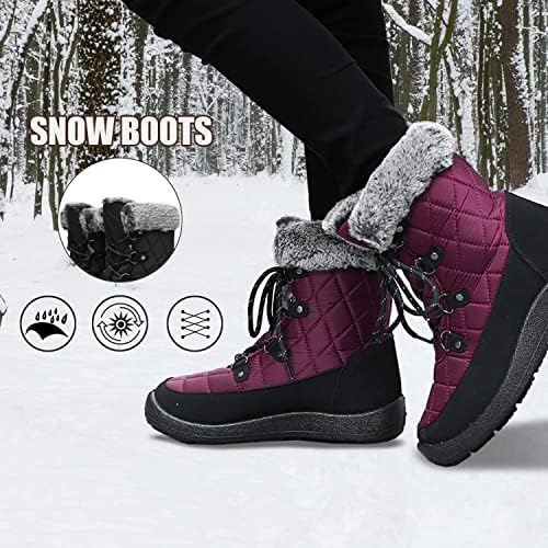JSWEI Winter Boots for Women - Soft Comfortable Faux Fur Mid Calf Winter Snow Boots Totes Boots Lace up Snow Boots Winter Boots with Insulated Black for Outdoor