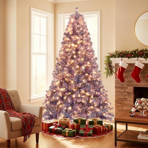 HAPPYGRILL 7.5 FT Pre-lit Tinsel Christmas Tree Artificial Xmas Tree with 550 LED Lights, 8 Modes, 1300 Deep Purple Branch Tips, Folding Metal Stand, Seasonal Holiday Tree for Home Office Party