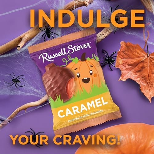 RUSSELL STOVER Halloween Milk Chocolate Caramel Pumpkin, 1.3 oz. (Pack of 18) - Bulk Halloween Candy