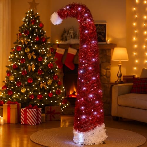 Aurelema 5 ft Curved Pop up Christmas Tree with 50 LED Lights Tinsel Red