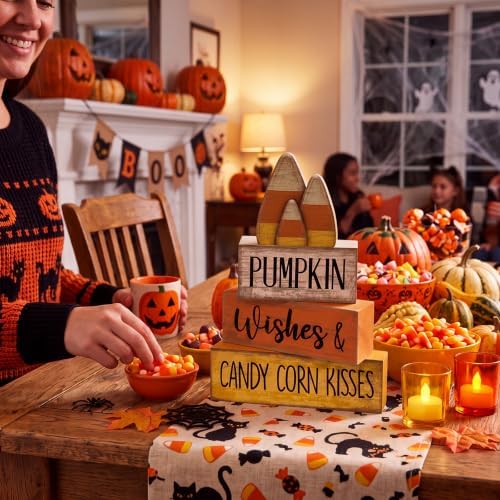 Lineshading 4 Pcs Fall Decoration For Home Wooden Candy Corn Stacked Blocks