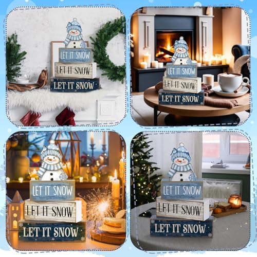 Lineshading 4 Pcs Wooden Snowman Table Decoration, Let It Snow Signs