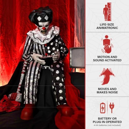 Haunted Hill Farm Hartley The Sitting Scare Clown by Tekky, Motion-Activated Talking Jump-Scare Halloween Animatronic for Halloween Party Prank Decoration, Plug-in or Battery Operated Halloween Props