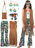 SOMSOC 7 Pieces 60s 70s Women Hippie Costume Fringe Vest Bag Pant Headband for Disco