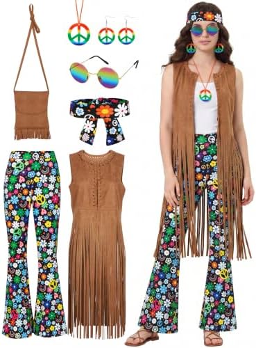 SOMSOC 7 Pieces 60s 70s Women Hippie Costume Fringe Vest Bag Pant Headband for Disco