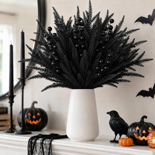 45 Pcs Halloween Black Norfolk Pine Branches, Faux Black Stems Centerpieces