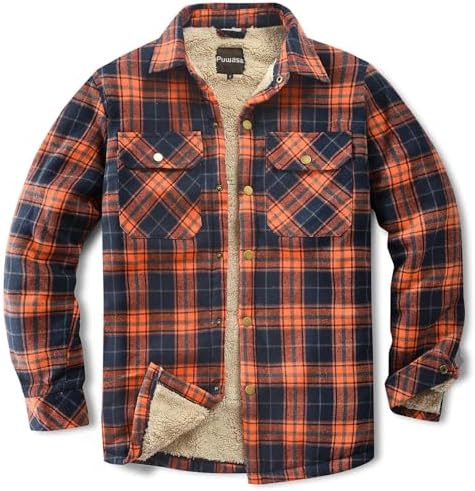 Men's Sherpa Cotton Flannel Shirt Jacket Plaid Button Coat Pocket