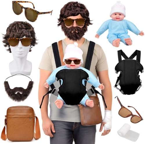 MOVINPE Hangover Costume Halloween Accessories Set, Doll Baby Carrier Brown Wig Fake Beard Moustache Crossbody Bag Sunglasses Bandage Film Character Role-Playing Cosplay Costume