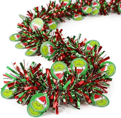 50 Feet Red Green Christmas Tinsel Garland, Metallic Foil Hanging Garland with Cartoon Character Cutouts, Xmas Decor for Fireplace Mantel Tree Railing Wall Holiday Party Decorations