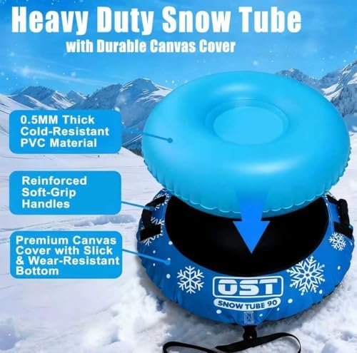 OST Inflatable Snow Tubes for Kids & Adults, Heavy Duty Snow Sled with Premium Canvas Cover, Smooth Bottom, Cold-Resistant PVC, Outdoor Sled Toys for Winter Fun