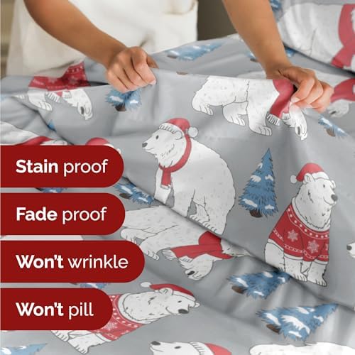 Christmas Sheet Set, Santa Bears, Holiday Xmas Bedding Set - King Size