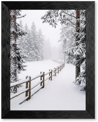 Framed Winter Fence Canvas Wall Art, Winter Scene, Black Frame Inch 12x16