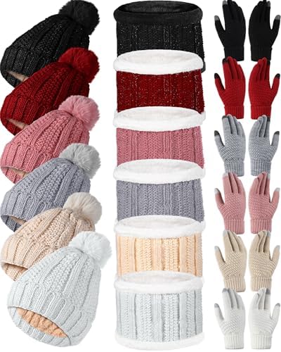 Suhine 18 Pcs Winter Beanie Hat Scarf Gloves Set for Women Include 6 Pcs Knit Hat Warm Beanie with Pompom 6 Pcs Fleece Lined Neck Warmer 6 Pair Warm Touchscreen Gloves for Women Gifts Christmas