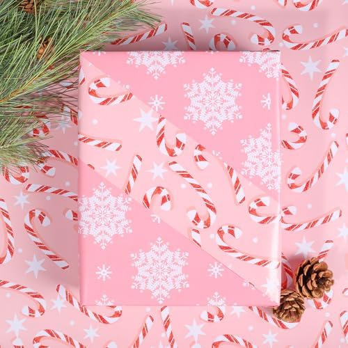 LaRibbons Pink Christmas Wrapping Paper, Reversible Snowflake & Candy Cane