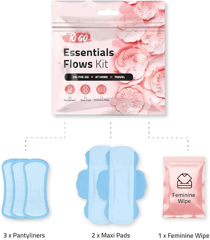 Essential Flows Period Kit - 3 Pantyliners, 2 Maxi Pads & Feminine Wipe | Hygiene Essentials for School, First Period