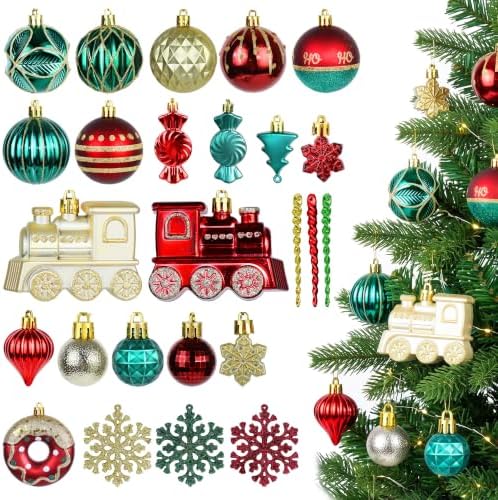 82PCS Christmas Ornaments Set Red Green and Golden Christmas Tree Decorations PVC Holiday Ornaments for Xmas Tree Festive Party Decor Supplies