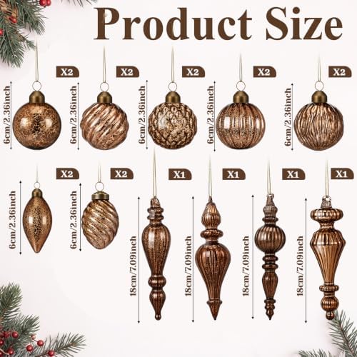 Syhood 18 Pcs Brown Christmas Mercury Glass Balls Ornaments, 11 Styles