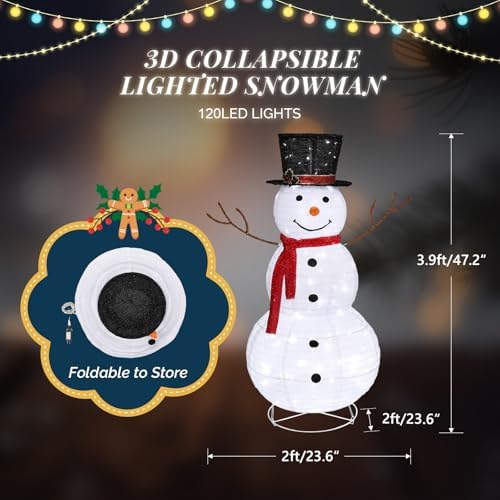 VINGLI Snowman Outdoor Christmas Decorations with 90 LED Lights, Lighted Snowman with Top Hat Holiday Ornaments Yard Decor for Home, Lawn and Front Yard-4 FT