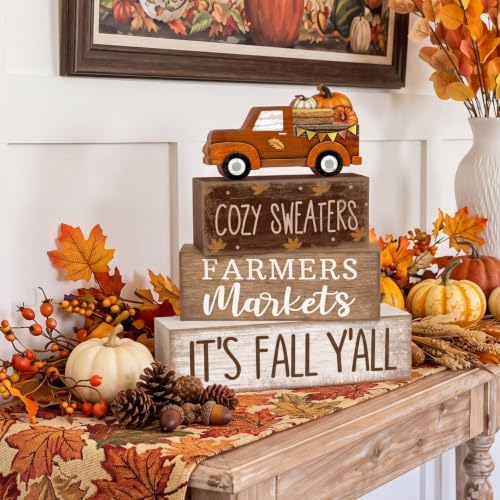 Lineshading 4 Pcs Fall Truck Table Decor, Its Fall Yall Wooden Block Signs