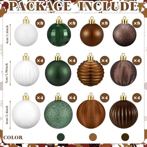 Lunmon 64 Pcs Neutral Christmas Ball Ornaments Brown Green White Xmas Bulbs