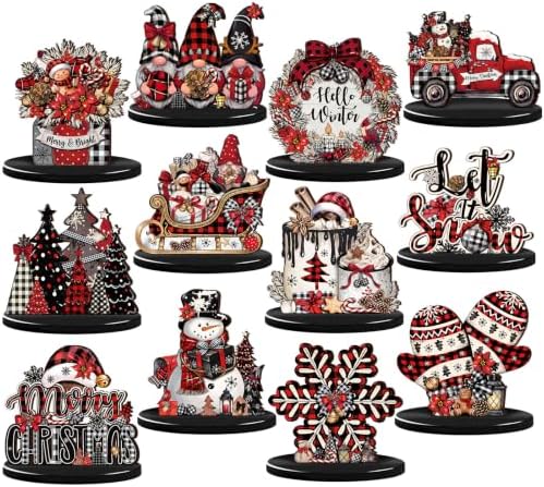 Leinuosen 12 Pcs Christmas Table Decorations Buffalo Plaid Red Black Christmas Tiered Tray Decor Wooden Gnome Santa Claus Table Centerpieces Farmhouse Xmas Decor for Home Kitchen Coffee Bar Shelf