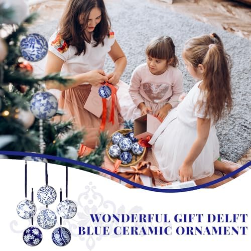 Cindeer 6 Pcs Blue and White Christmas Porcelain Balls, Novelty Style