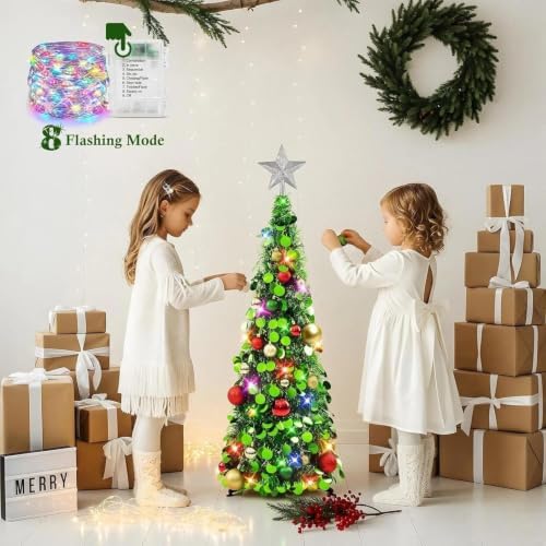 N&T NIETING Pop Up Christmas Tree with Lights, Collapsible Tinsel Xmas Tree Decorations, Pencil Christmas Tree Skinny Tree for Holiday Xmas Home Office Decor, 25 Balls, 3Ft, Green