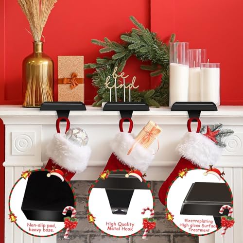 ONEXIZ 4 Pack Christmas Stocking Holders for Mantle Heavy Duty Stocking Hangers Stocking Hook Christmas Ornaments for Counter Tables Window Fireplace Mantle Decoration(Matt Black)