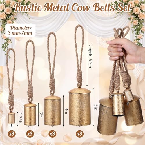 AceOrbit 12 Pcs Wedding Rustic Metal Cow Bells Set 1.75"/3"/4"/5" Hanging Vintage Giant Gold Christmas Harmony Bells on Jute Rope Vintage Farmhouse Xmas Tree Ornaments for Craft Wedding Decorations