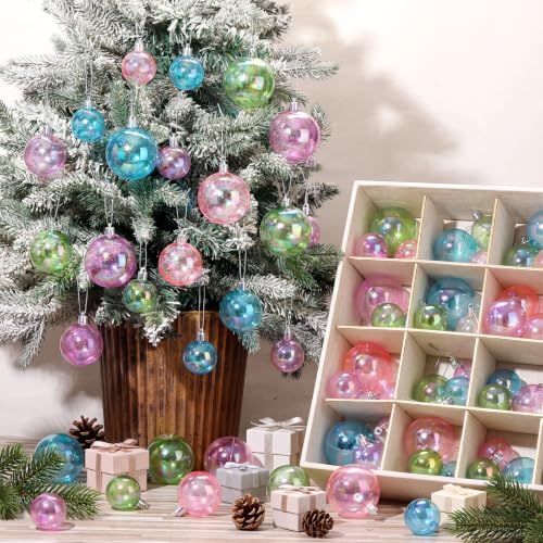 Lunmon 64 Pcs Colorful Iridescent Christmas Ornament Pastel Clear Xmas Ball