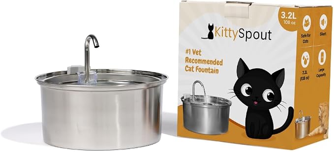 KittySpout Stainless Steel Cat Water Fountain Automatic Drinking Fountain, Quiet Circulating Water Bowl, Dishwasher Safe, Indoor Pet Fountain for Hydrated Healthy Cats (Stainless Steel, 3.2L Corded)