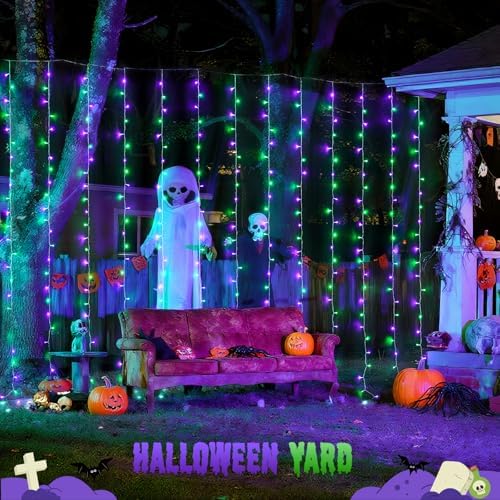 JMEXSUSS 300LED Purple & Green Curtain Lights for Halloween Decor, Plug in