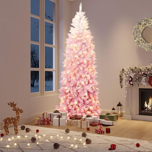 GarveeHome 7.5 ft Prelit Artificial Christmas Tree with RGB & Warm White Lights, Pre-Lit Snow Flocked Pencil Christmas Tree, Foldable Base,Holiday Decoration for Home, Office, Party,Pink Gradient