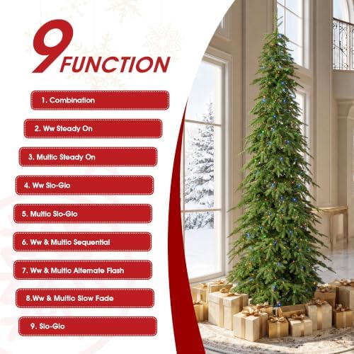Glitzhome 11ft Prelit Artificial Christmas Tree, Pencil Christmas Tree Chicago Evergreen Spruce Slim Holiday Tree with 800 Warm White & Multi-Color Lights, 3,637 PE&PVC Tips, Easy Setup for Xmas Décor