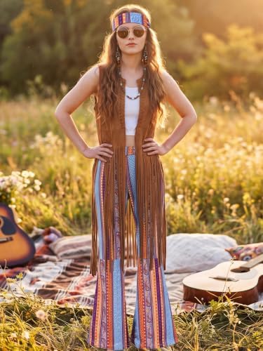 SOMSOC 7 Pieces 60s 70s Women Hippie Costume Fringe Vest Bag Pant Headband for Disco