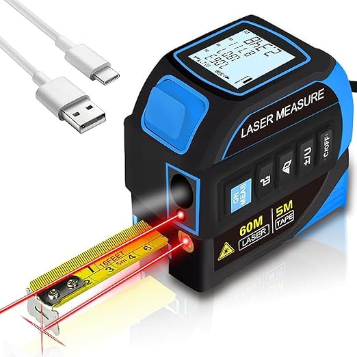 tape measure 4-in-1 laser Digital Measuring Tape & 60m/197ft Laser Distance Meter & with 16ft/5m & Crosshair markings & Dual-axis electronic level,Display On Backlit LCD Screen