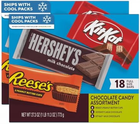 HERSHEY'S, KIT KAT and REESE'S Assorted Milk Chocolate, Full Size Bars Variety Box, 27.3 oz - 18 Count (Pack of 2)