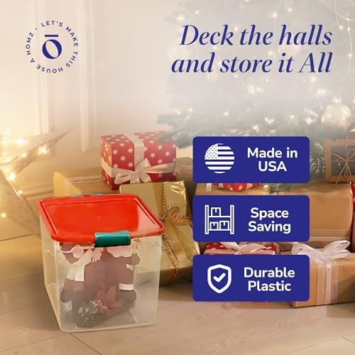 HOMZ Holiday Tote Plastic Storage Bin with Lid, 31 Qt, Clear/Red, 4 Pack