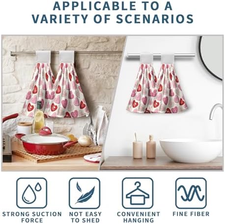 Valentines Day Kitchen Hanging Towels Red Pink Heart True Love Hand Towel with Hanging Loops Valentine Holiday Wedding Dish Washcloths Soft Absorbent Fingertip Dish Tea Bar Tie Towel Set of 2